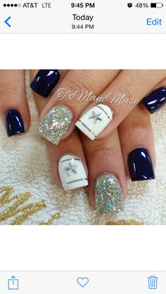 Star accent⭐⭐ Nails Dallas Cowboys Manicure, Cheer Competition Nails, Dallas Nails Cowboys, Dallas Cowboys Nail Art, Cowboys Nails, Cowboys Nails Design, Dallas Cowboy Nails, Dallas Cowboys Nails Acrylics, Dallas Cowboys Nail Designs