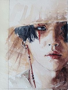 a watercolor painting of a woman's face with blood dripping from her forehead