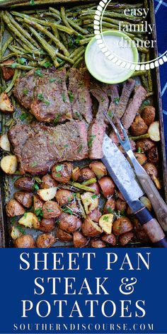 sheet pan steak and potatoes with text overlay