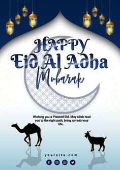 an arabic greeting card with two camels in front of the moon and lantern lights