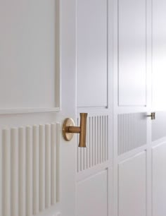 an open door with a handle on the front and side doors to another room that has white walls