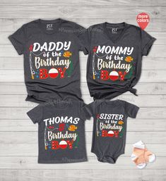 three matching shirts that say, daddy of the little monster and sister of the baby