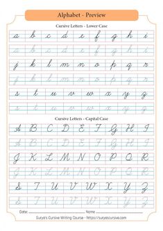 the upper and lower case of an english handwriting practice sheet with cursive letters