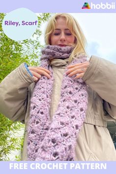 a woman wearing a purple crochet scarf with the text free crochet pattern