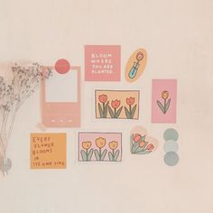 there are flowers and pictures on the wall next to each other with words above them