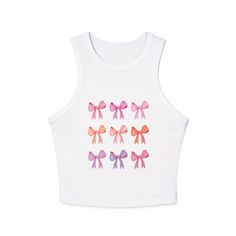 A cute coquette pink bows tank top that adds a subtle, sophisticated detail to your outfit. This fitted tank top offers a modern and chic look with a high neck style, perfect for layering or wearing on its own during various activities. Ideal for women looking for a stylish and comfortable top for everyday wear or special occasions. Product features - Fiber composition: 52% Airlume combed and ringspun cotton, 48% polyester - 1x1 Micro rib for added visual appeal and stretchability - Fitted stret Womens Clothing Boutique, Girlie Girl, Bow Print, Coquette Pink, Pink Bows, Trendy Top, Comfortable Tops, Women Clothing Boutique, Sleeveless Shirt