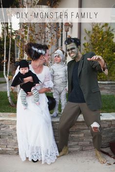 two adults and one child dressed up in costumes with text overlay that reads diy monster family