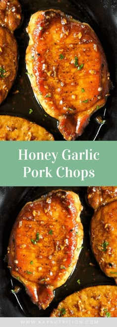 honey garlic pork chops in a cast iron skillet with text overlay that reads honey garlic pork chops