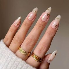 Amazon.com: MERVF Almond Press on Nails Medium Nude Fake Nails Stiletto Glossy Glue on Nails with Gold Heart Designs 24Pcs False Nails Press ons Acrylic Nails : Beauty & Personal Care June Nails, Birthday Nail, Charlotte York, August Nails, Golden Nails, Press On Nails Medium, Nails Homecoming, Nail Designs Valentines, Nail Care Tips