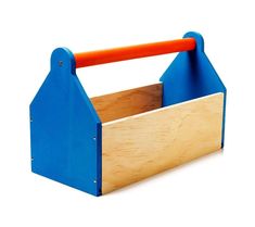 a blue wooden toy holder with an orange handle