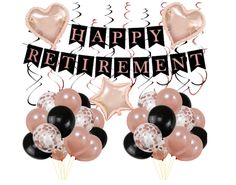 balloons and streamers with the words happy retirement written on them in black, white, and pink