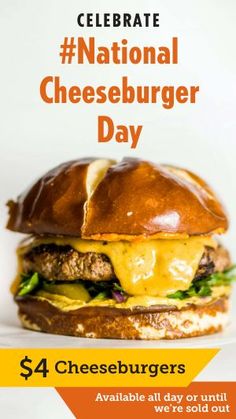 the national cheeseburger day flyer is shown with an image of a burger on it