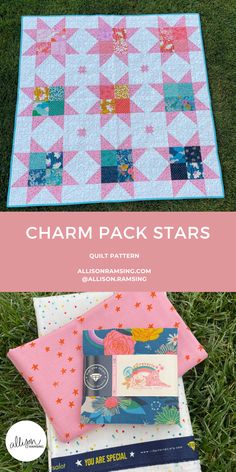 three different quilts on the grass with text that reads charm pack stars