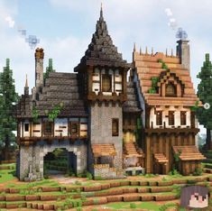 Minecraft House With Tower Ideas, Minecraft House 3 Floor, Minecraft Cute Builds House, Minecraft Turret Ideas, Minecraft End House Ideas, Minecraft Building Ideas Big House, Minecraft Hunting Lodge, Medieval Town Square Minecraft