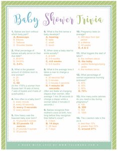 the baby shower trivia is shown in green and orange