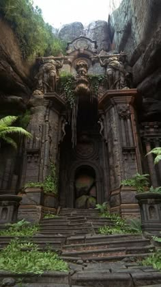 an old stone building with stairs leading up to it and plants growing on the walls