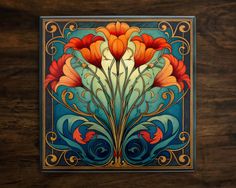 an art nouveau style painting on wood with flowers and swirls in blue, red, orange and yellow colors