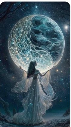 a woman is holding the moon in her hands and looking up into the night sky