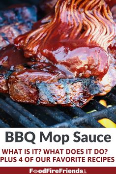 photo of a mop brush soaked in bbq sauce mopping a steak cooking on a grill Barbecue Mop Sauce, Mop Sauce For Pork Ribs, Mopping Sauce For Brisket, Pulled Pork Mop Sauce, Pulled Pork Mop Sauce Recipe, Pork Mop Sauce, Chicken Mop Sauce Recipe, Mopping Sauce, Basting Sauce For Chicken