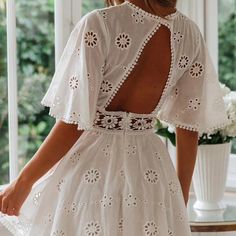 Women Casual Ladies Dress . A Little Bit Transparent Summer Short Dress Cotton. Nwot B. Diy Sewing Tutorials, Dress Backless, Short Summer Dresses, White Lace Dress, Ladies Dress, Dress Cotton, Lace White Dress, Summer Shorts, Flared Sleeves