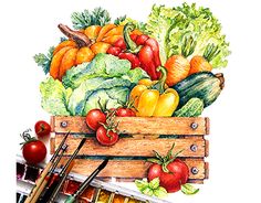 watercolor painting of vegetables in a wooden crate