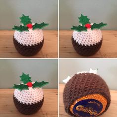 crocheted christmas pudding with holly on top