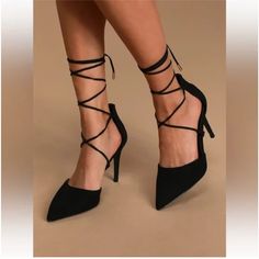 Questions? Leave A Comment Below! Never Worn Strap High Heels, Beautiful Heels, Pointed Toe Heels, Pointed Toe Shoes, Suede Lace, Pointed Toe Flats, Black High Heels, Lace Up Heels, Ankle Strap Heels