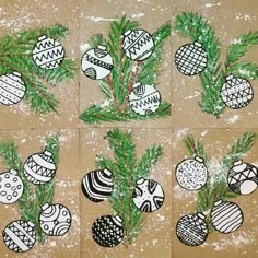 christmas ornaments are shown on the ground with snow all over them and pine needles sprouting from each ornament