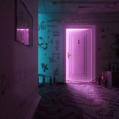 an empty room with graffiti on the walls and purple light coming in from the door