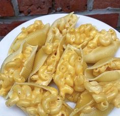 several pieces of macaroni and cheese on a white plate with brick wall in the background