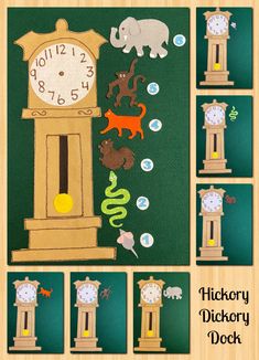 a clock made out of cut outs with animals and numbers on the front, along with pictures of different clocks