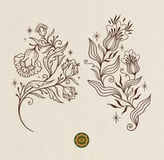 two flowers with swirls and stars in the middle on a white background, one is green