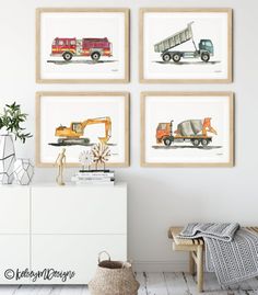 three framed pictures with trucks on them in a room next to a white dresser and potted plant