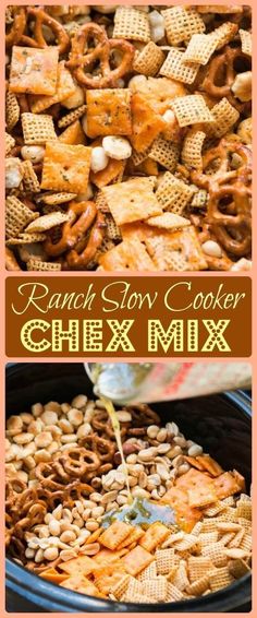 ranch chex mix is being poured into a slow cooker