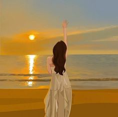 a painting of a woman standing on the beach at sunset with her arms in the air