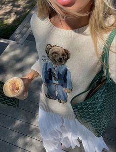 claudia wallace Ralph Lauren Bear Sweater Aesthetic, Ralph Lauren Bear Sweater Outfit, Clothes Manifestation, Ralph Lauren Bear Sweater, Northern Attitude, Ralph Lauren Womens Clothing, Bear Sweater, Goyard Bag, Preppy Summer