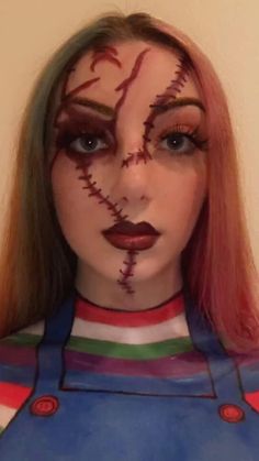 Chucky Makeup For Kids, Chuky Doll Costume, Chucky Eyeshadow Look, Chucky Doll Makeup, Halloween Makeup Chucky, Chucky Female Costume, Chucky Girl Costume