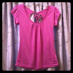 Hot Pink, Polka Dot, Scoop Neck T-Shirt With Opening In Back Coming Together In An Adjustable Tie. Never Worn, In Perfect Condition. Polka Dot Short Sleeve Spring Tops, Cute Polka Dot Top For Spring, Summer Short Sleeve Polka Dot Top, Spring Polka Dot Cotton Tops, Cute Spring Polka Dot Tops, Stretch Polka Dot Summer Tops, Summer Stretch Polka Dot Tops, Stretch Polka Dot Tops For Summer, Fitted Polka Dot Tops With Short Sleeves