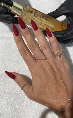 Red Badem Nails, Long Almond Red Nails, Red Stilletos Nails, Long Red Almond Nails, Red Pointy Nails, Red Nails Almond, Fall Nude Nails, Long Red Nails, Pointy Nails