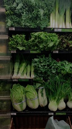 many different types of vegetables on shelves in a grocery store, including lettuce, onions and broccoli