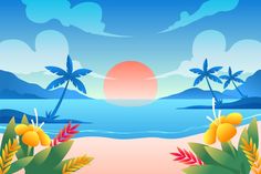 a tropical beach with palm trees and the sun setting