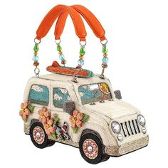 "Mary Frances Day Trip Beaded Top Handle Car Handbag New With Tags The surf is definitely up with this detailed beach car. Best part? The beaded surfboard on top! Grab those orange leather handles and hang ten. Don't forget your sunblock! 9 x 4 x 5.25\" Strap Length End to End: 13\" Strap Drop: 5\" Non-removable vegan-leather beaded double handle straps, magnet flap closure, inside slit pocket, fits a cell phone Dust Bag Extra Beads BRAND NEW COMES WITH MARY FRANCES BAG. Certificate of Authentic White Top Handle Shoulder Bag For Travel, Summer White Shoulder Bag For On-the-go, White Handheld On-the-go Shoulder Bag, White Handheld Satchel For On-the-go, White Handheld Satchel For Everyday Use, White Shoulder Bag For Summer On-the-go, Mary Frances Bags, Mary Frances Handbags