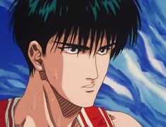 an anime character with black hair and blue eyes looking at the camera while wearing a red tank top