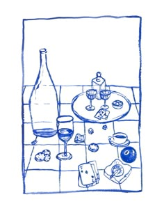 a drawing of a table with food and drinks on it, including a bottle of wine