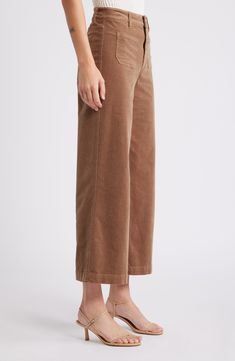 Fall for the high-waisted wide-leg silhouette of these soft cord pants fitted with patch pockets. 27" inseam; 22 1/2" leg opening; 11 1/2" front rise Zip fly with button closure Front patch pockets 68% cotton, 30% modal, 2% spandex Machine wash, line dry Imported Wide Leg Curdory Pants, Straight Leg Corduroy Pants With Hip Pockets, Non-stretch Trendy Corduroy Bottoms, Non-stretch Wide Leg Corduroy Pants, Straight-leg Corduroy Pants With Hip Pockets, Burnt Sugar, Fall Pants, Cords Pants, Corduroy Pants