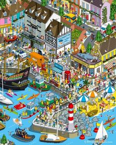 an illustrated city with boats and people on the water