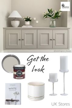 a white dresser with candles, vases and other items on it in front of the words get the look uk stores