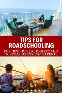 two children sitting on the balcony with text overlay reading tips for roadschooling for new homes and virtual schooling parents