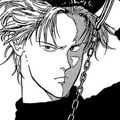 an anime character with long hair wearing a chain around his neck and holding a black cat on top of his head