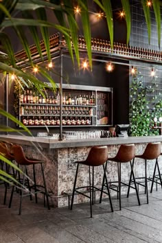 an empty bar with stools and bottles on the shelves in front of it, surrounded by greenery